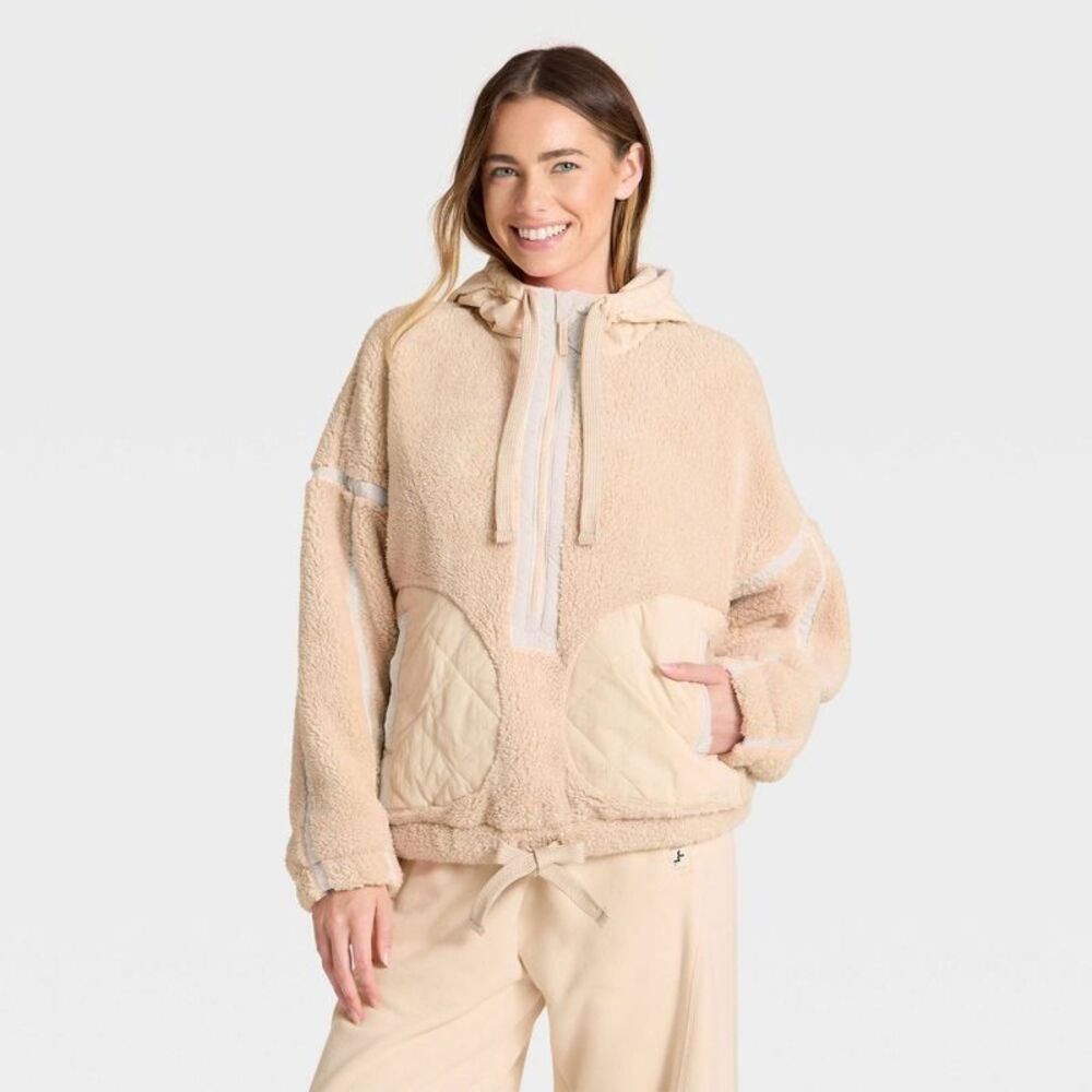 JoyLab - Women's Contrast High Pile 1/2 Zip Jacket - JoyLab Off-White